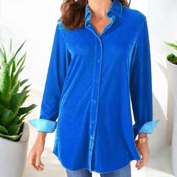 Soft Surroundings Blue Velour Boyfriend Button Down Tunic Shirt - Picture 2 of 16
